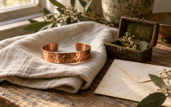 AI-assisted conceptual illustration of a copper cuff on linen beside a keepsake box and an envelope.