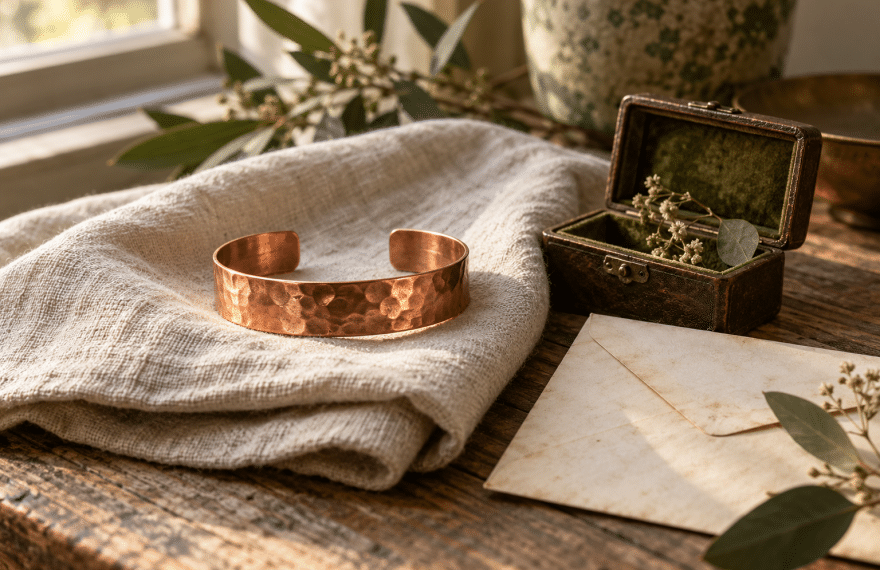 AI-assisted conceptual illustration of a copper cuff on linen beside a keepsake box and an envelope.