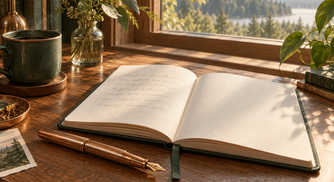 A generic copper-colored fountain pen beside an open notebook on a sunlit wooden desk.