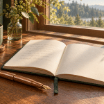 A generic copper-colored fountain pen beside an open notebook on a sunlit wooden desk.