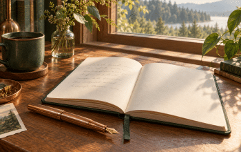A generic copper-colored fountain pen beside an open notebook on a sunlit wooden desk.
