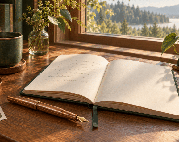 A generic copper-colored fountain pen beside an open notebook on a sunlit wooden desk.