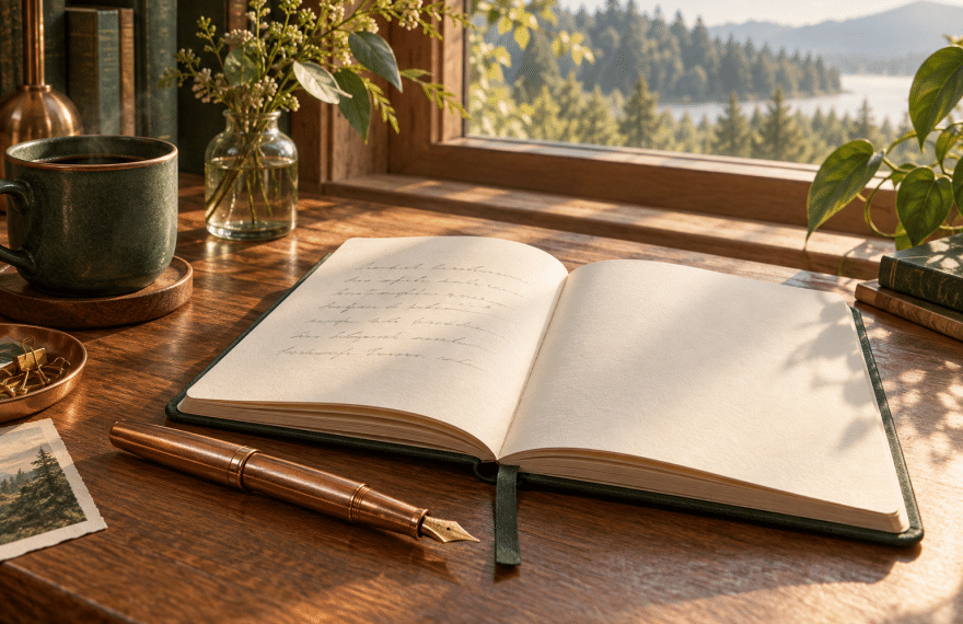 A generic copper-colored fountain pen beside an open notebook on a sunlit wooden desk.