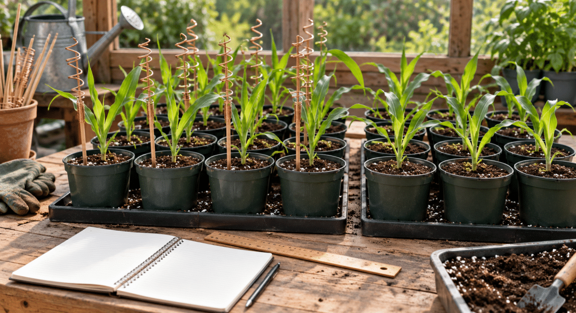 Illustrative potting bench with comparable corn seedlings, copper spiral stakes, a ruler and a blank notebook.