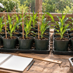 Illustrative potting bench with comparable corn seedlings, copper spiral stakes, a ruler and a blank notebook.
