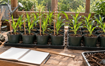 Illustrative potting bench with comparable corn seedlings, copper spiral stakes, a ruler and a blank notebook.