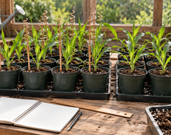 Illustrative potting bench with comparable corn seedlings, copper spiral stakes, a ruler and a blank notebook.