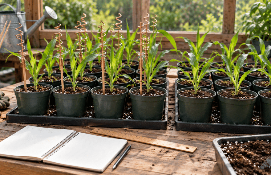 Illustrative potting bench with comparable corn seedlings, copper spiral stakes, a ruler and a blank notebook.