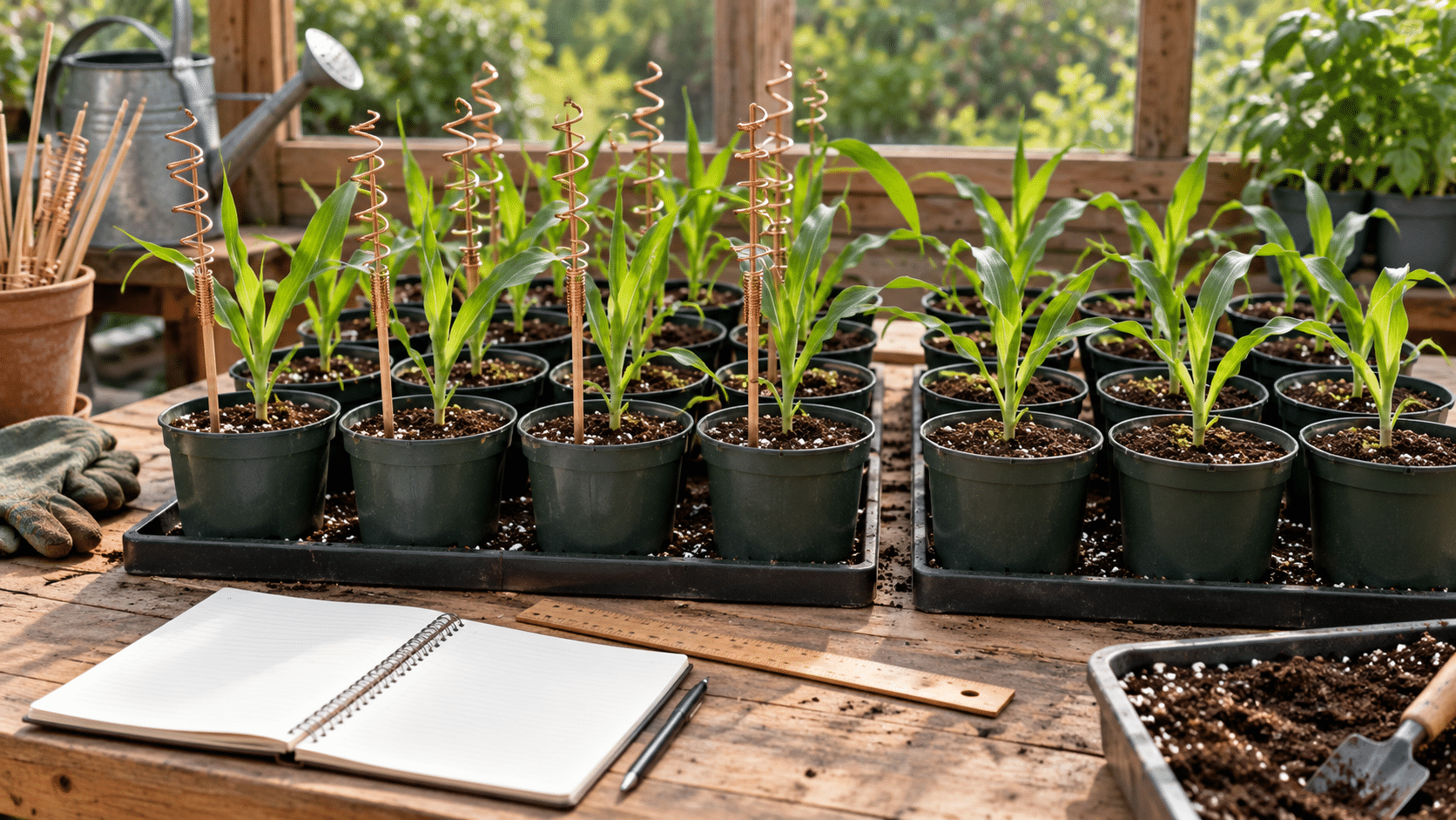 Illustrative potting bench with comparable corn seedlings, copper spiral stakes, a ruler and a blank notebook.