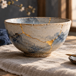 Conceptual illustration of a ceramic bowl repaired with gold seams on a sunlit workbench.