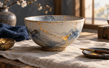 Conceptual illustration of a ceramic bowl repaired with gold seams on a sunlit workbench.