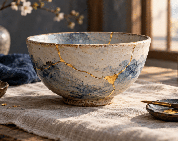 Conceptual illustration of a ceramic bowl repaired with gold seams on a sunlit workbench.