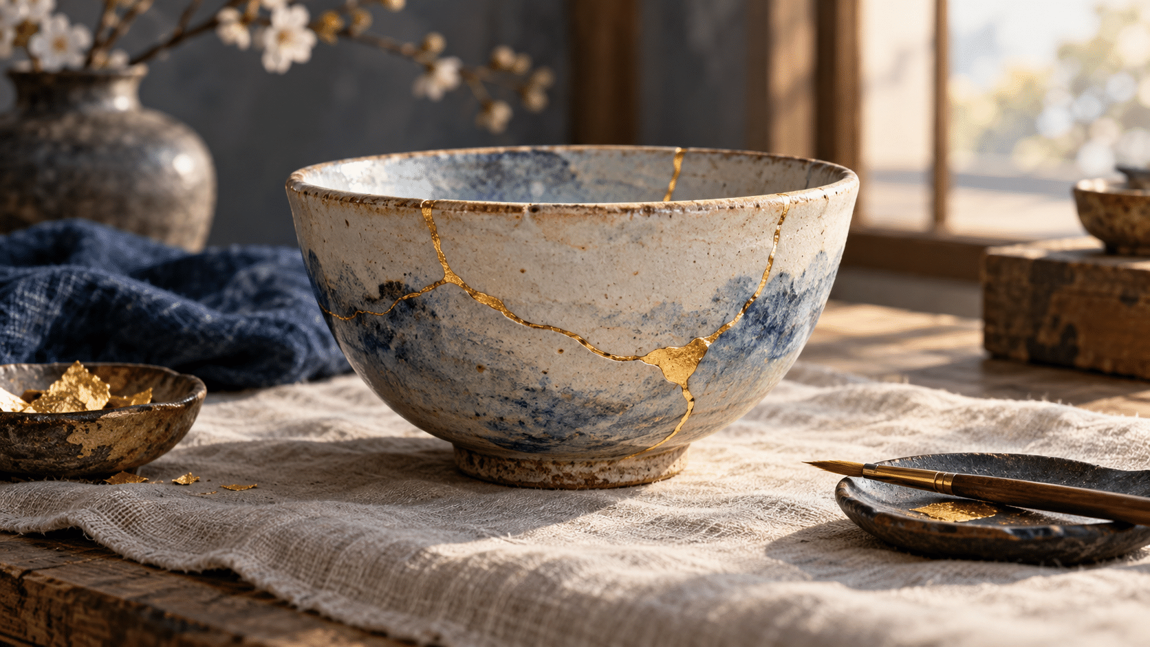 Conceptual illustration of a ceramic bowl repaired with gold seams on a sunlit workbench.