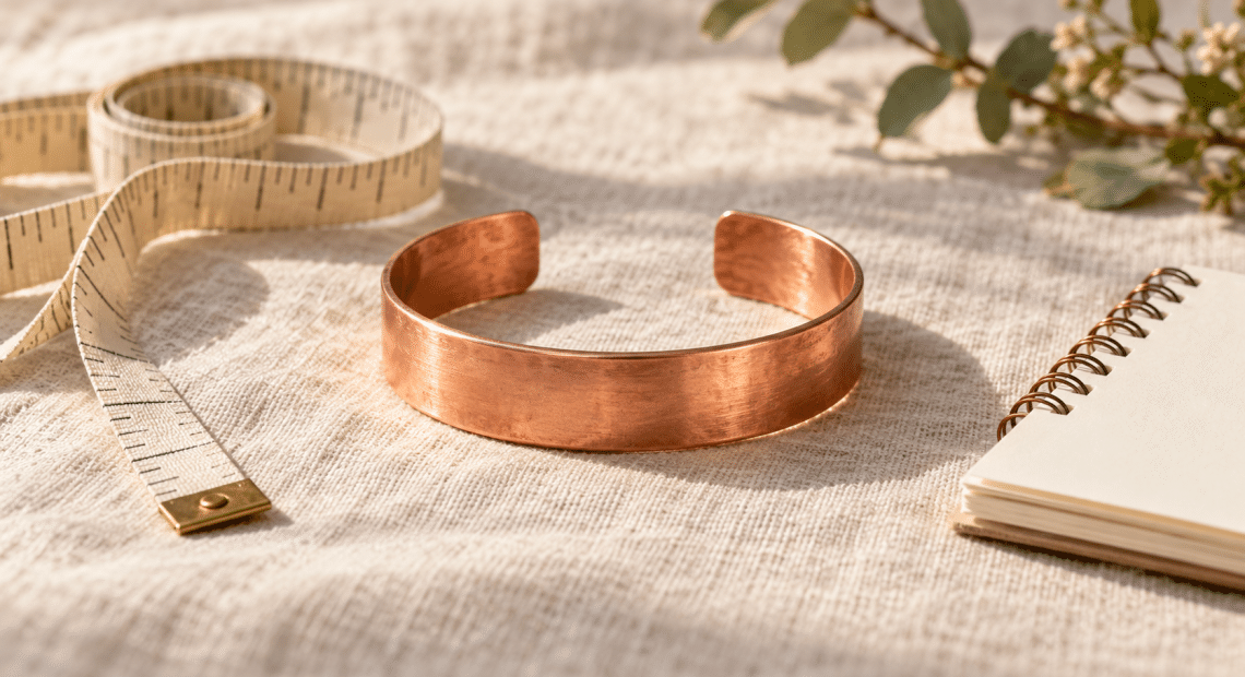 Conceptual illustration of a generic open copper cuff beside a measuring tape and blank notebook.