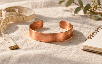 Conceptual illustration of a generic open copper cuff beside a measuring tape and blank notebook.