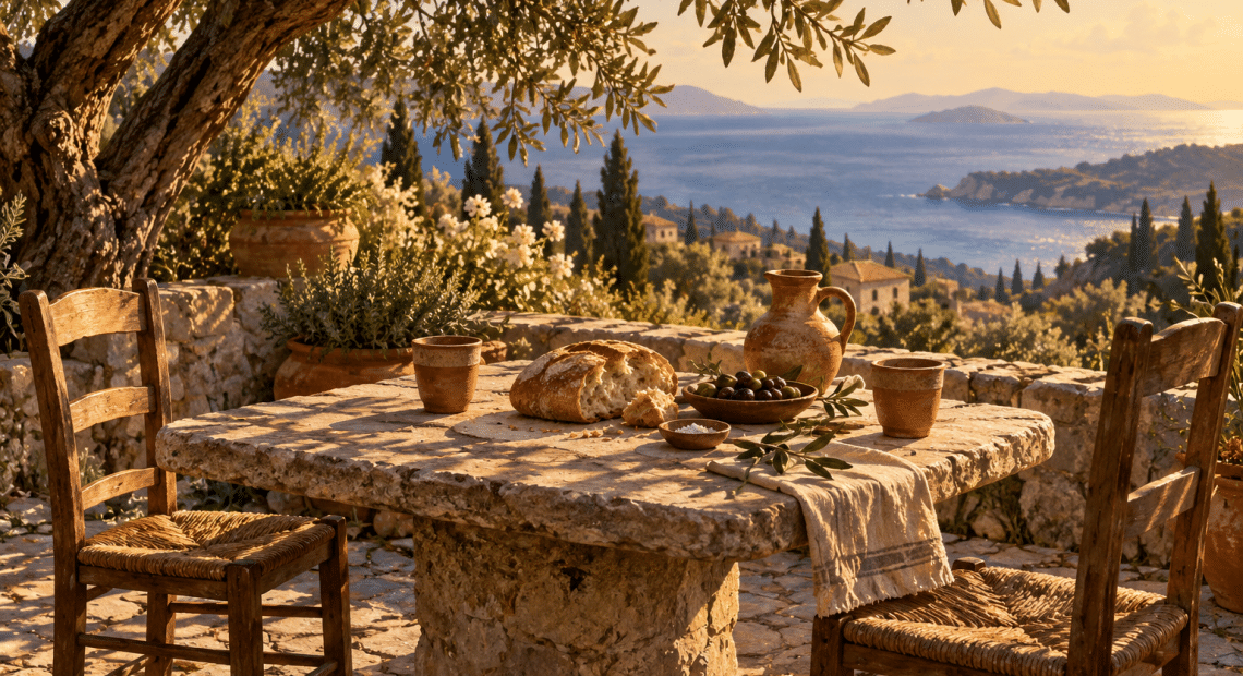 Illustration of bread, olives and clay cups on a stone table beneath an olive tree, with two empty chairs overlooking the sea.