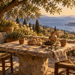 Illustration of bread, olives and clay cups on a stone table beneath an olive tree, with two empty chairs overlooking the sea.