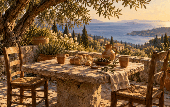 Illustration of bread, olives and clay cups on a stone table beneath an olive tree, with two empty chairs overlooking the sea.