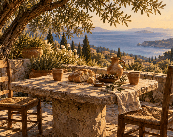 Illustration of bread, olives and clay cups on a stone table beneath an olive tree, with two empty chairs overlooking the sea.
