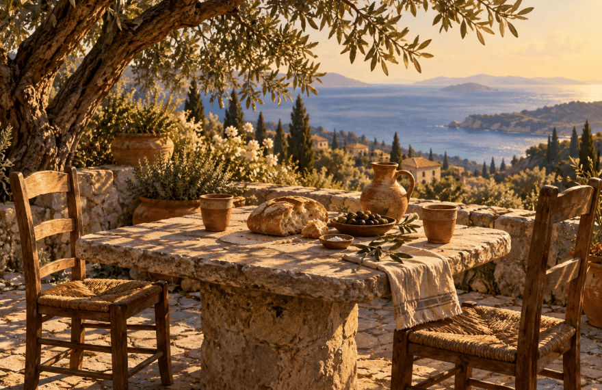 Illustration of bread, olives and clay cups on a stone table beneath an olive tree, with two empty chairs overlooking the sea.
