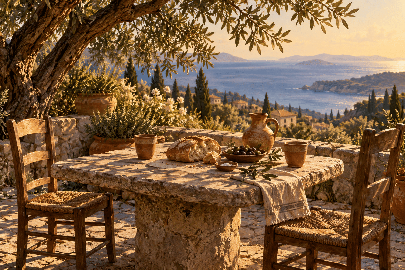 Illustration of bread, olives and clay cups on a stone table beneath an olive tree, with two empty chairs overlooking the sea.