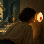 A person focuses on a red ball through a small opening while a bird, leaves, and shapes fill the wider room.