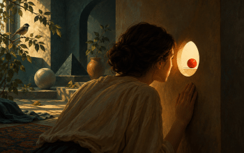 A person focuses on a red ball through a small opening while a bird, leaves, and shapes fill the wider room.