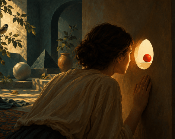 A person focuses on a red ball through a small opening while a bird, leaves, and shapes fill the wider room.