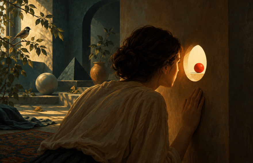 A person focuses on a red ball through a small opening while a bird, leaves, and shapes fill the wider room.