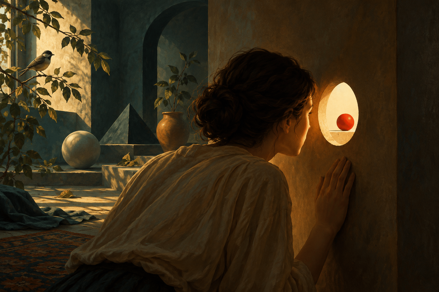 A person focuses on a red ball through a small opening while a bird, leaves, and shapes fill the wider room.