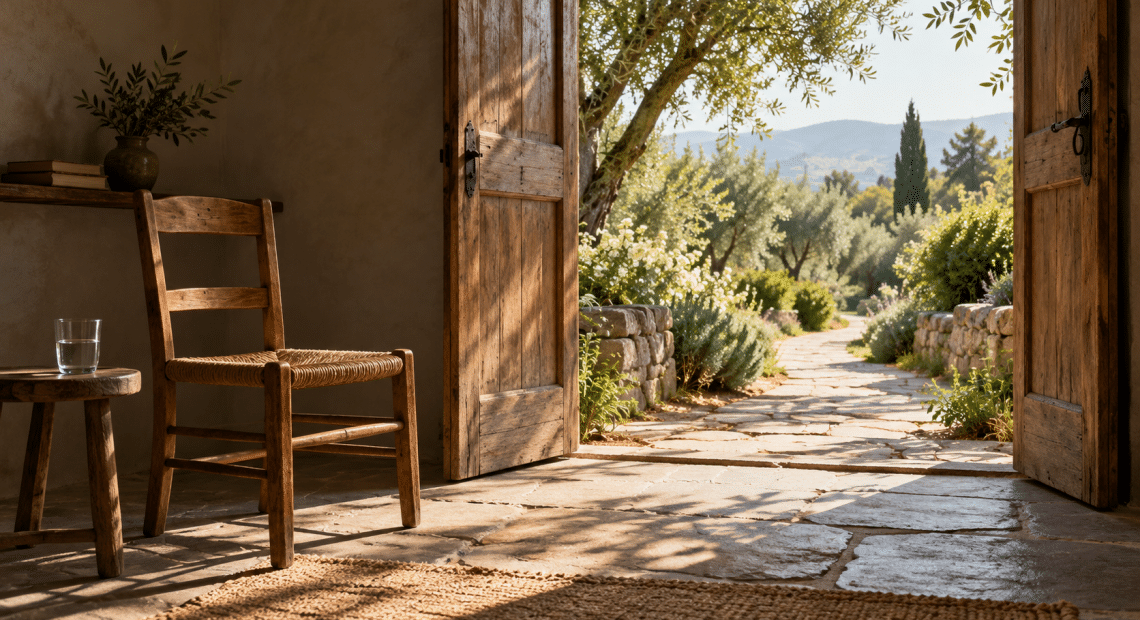 Empty wooden chair beside an open doorway leading to a sunlit garden path