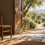 Empty wooden chair beside an open doorway leading to a sunlit garden path