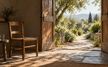 Empty wooden chair beside an open doorway leading to a sunlit garden path