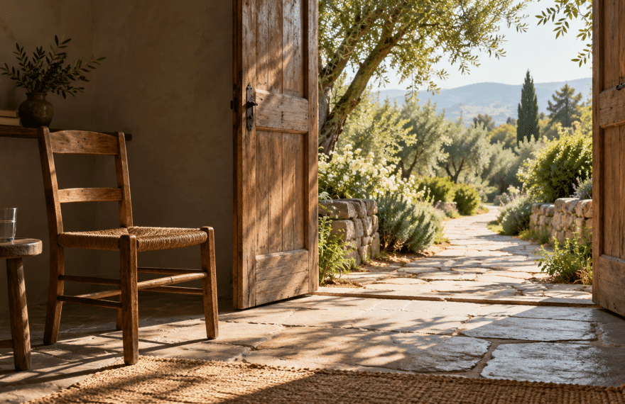 Empty wooden chair beside an open doorway leading to a sunlit garden path
