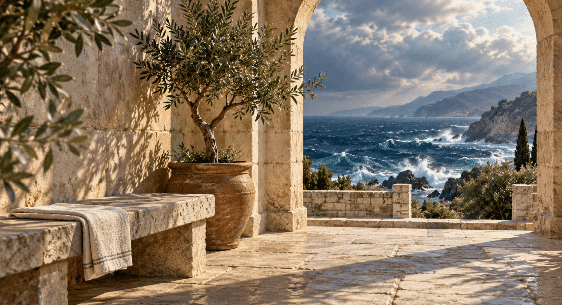 An imagined sunlit stone courtyard with an olive tree and an arch overlooking an unsettled sea.