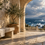 An imagined sunlit stone courtyard with an olive tree and an arch overlooking an unsettled sea.