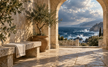 An imagined sunlit stone courtyard with an olive tree and an arch overlooking an unsettled sea.