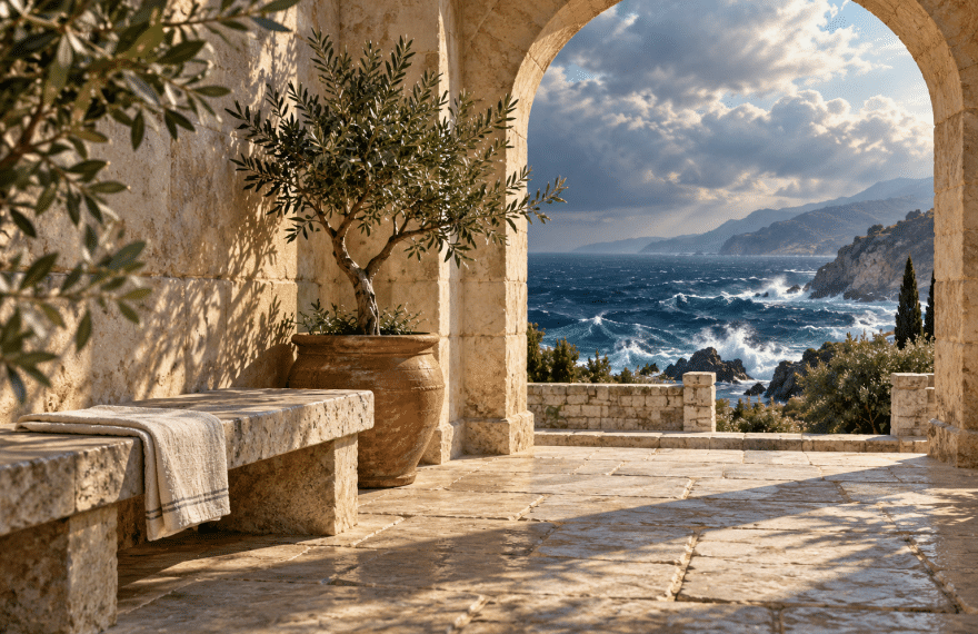 An imagined sunlit stone courtyard with an olive tree and an arch overlooking an unsettled sea.