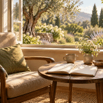 Conceptual illustration of a quiet chair and open notebook beside a sunlit garden window.
