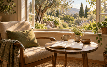 Conceptual illustration of a quiet chair and open notebook beside a sunlit garden window.
