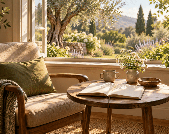 Conceptual illustration of a quiet chair and open notebook beside a sunlit garden window.