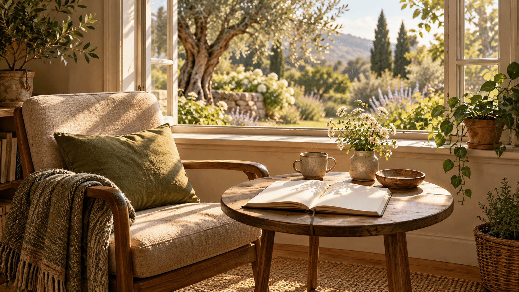 Conceptual illustration of a quiet chair and open notebook beside a sunlit garden window.