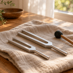Two silver tuning forks and a rubber mallet resting on linen beside a sunlit window.