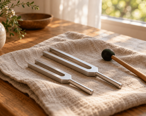 Two silver tuning forks and a rubber mallet resting on linen beside a sunlit window.