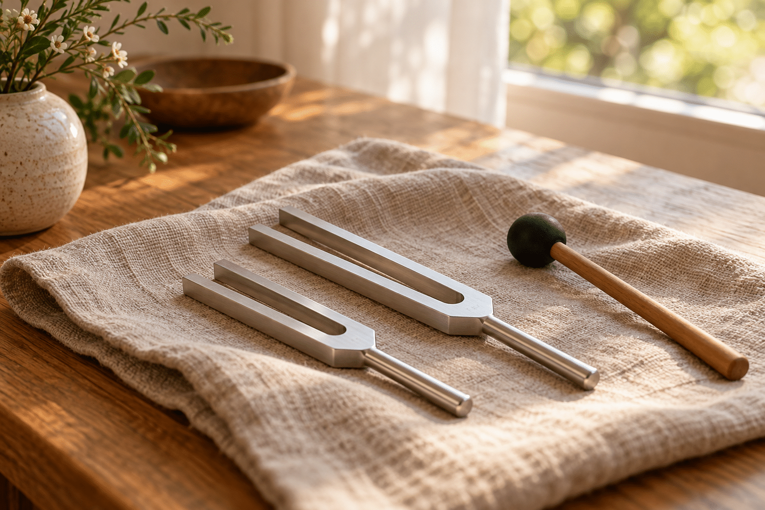 Two silver tuning forks and a rubber mallet resting on linen beside a sunlit window.