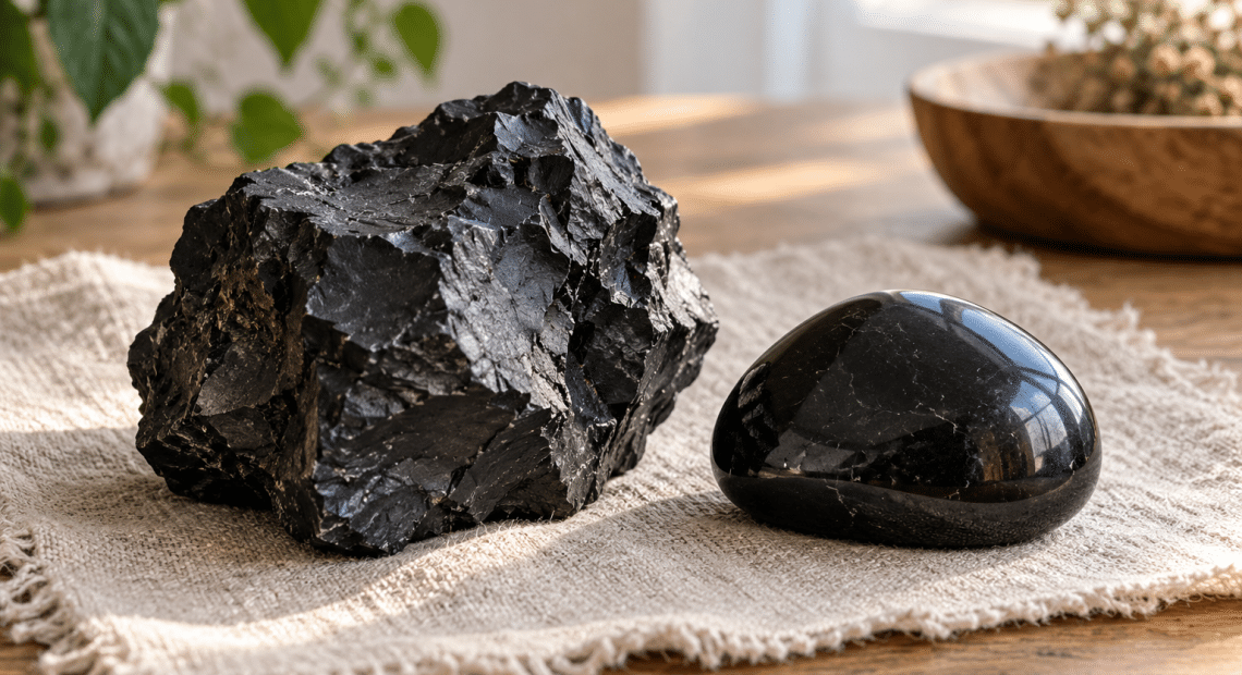 AI-assisted conceptual illustration of rough and polished dark stones on pale linen in soft daylight.