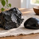 AI-assisted conceptual illustration of rough and polished dark stones on pale linen in soft daylight.