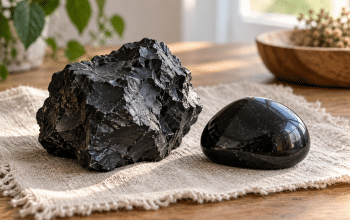 AI-assisted conceptual illustration of rough and polished dark stones on pale linen in soft daylight.