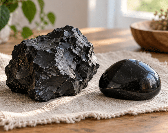 AI-assisted conceptual illustration of rough and polished dark stones on pale linen in soft daylight.