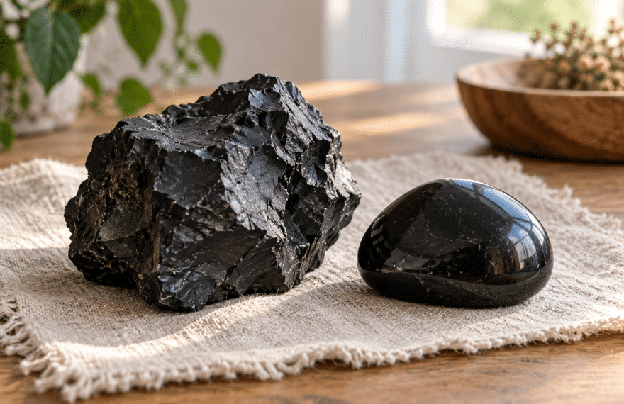 AI-assisted conceptual illustration of rough and polished dark stones on pale linen in soft daylight.